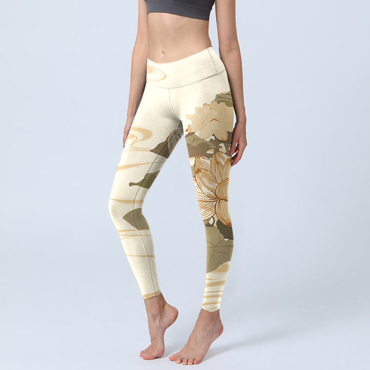 Buddha Stones Beige Lotus Flower Print Gym Fitness Leggings Women's Yoga Pants - Beige - US18，UK/AU22，EU50 (4XL) - image 0