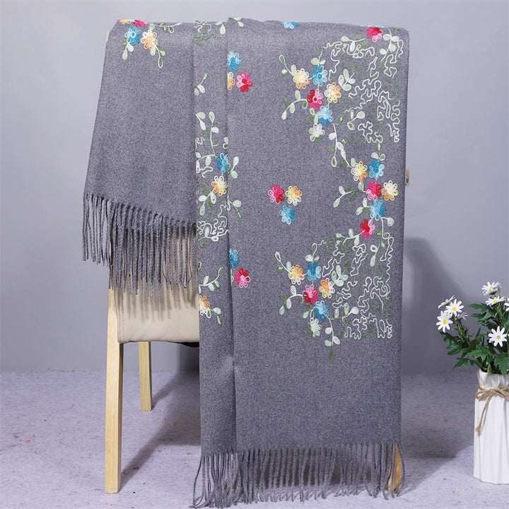 Buddha Stones Rayon Fabric Shawl Colorful Small Flowers Embroidery Tassel Winter Cozy Travel Scarf Wrap