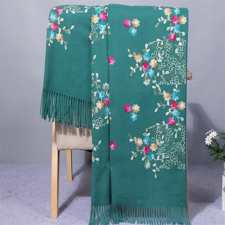 Buddha Stones Rayon Fabric Shawl Colorful Small Flowers Embroidery Tassel Winter Cozy Travel Scarf Wrap