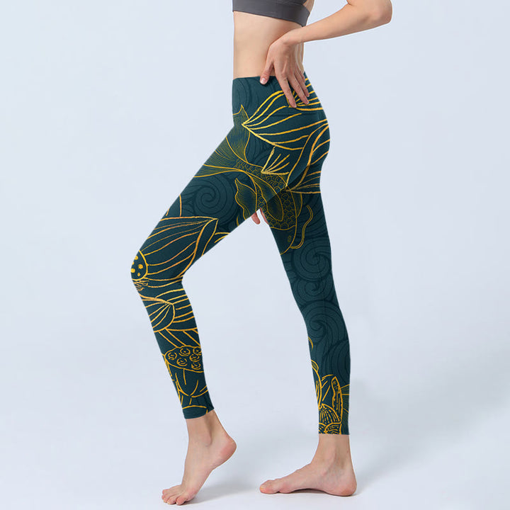 Buddha Stones Gray Golden Koi Fish Lotus Print Gym Leggings Women's Yoga Pants