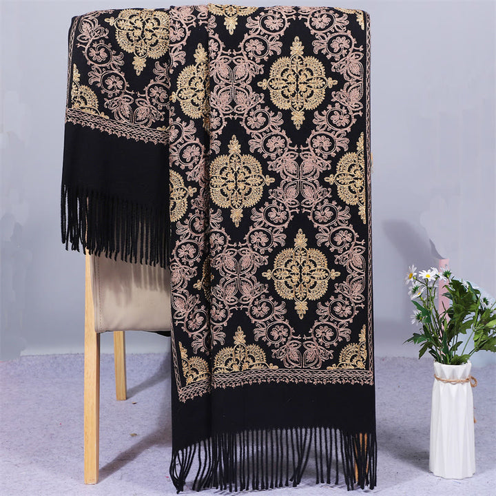 Buddha Stones Polyester Shawl Symmetry Gold Filigree Embroidery Tassel Winter Cozy Travel Scarf Wrap - Black - 200*70cm - image 6