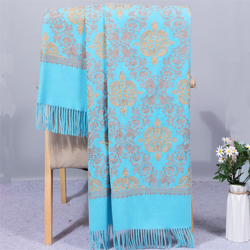 Buddha Stones Polyester Shawl Symmetry Gold Filigree Embroidery Tassel Winter Cozy Travel Scarf Wrap