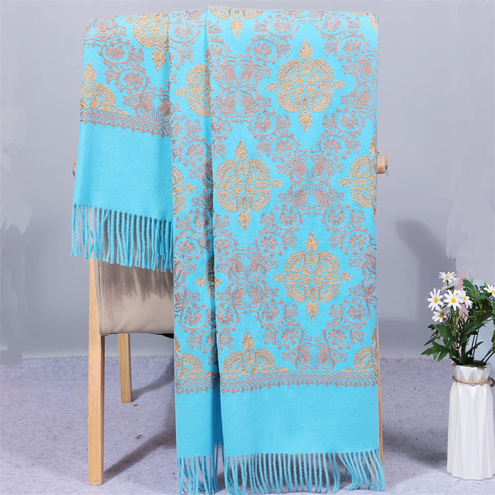 Buddha Stones Polyester Shawl Symmetry Gold Filigree Embroidery Tassel Winter Cozy Travel Scarf Wrap