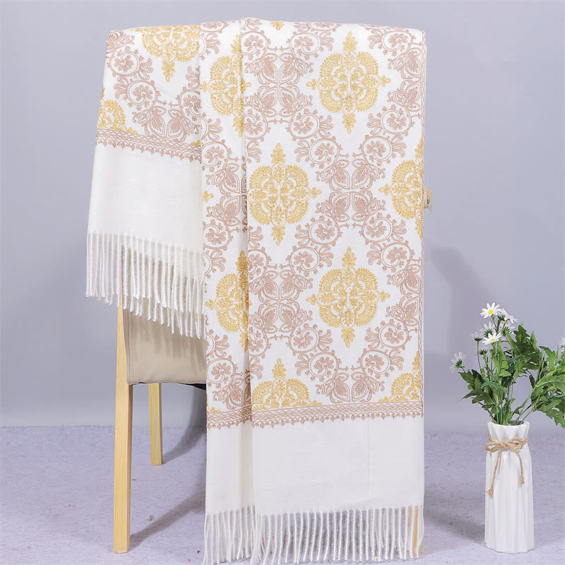 Buddha Stones Polyester Shawl Symmetry Gold Filigree Embroidery Tassel Winter Cozy Travel Scarf Wrap