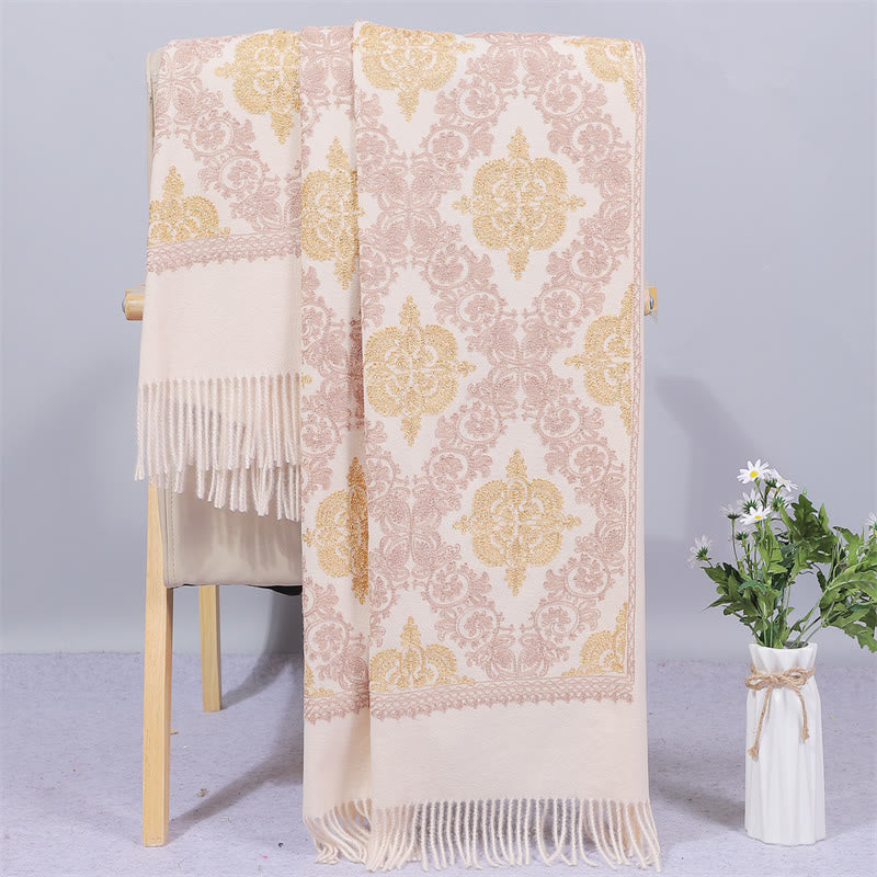 Buddha Stones Polyester Shawl Symmetry Gold Filigree Embroidery Tassel Winter Cozy Travel Scarf Wrap