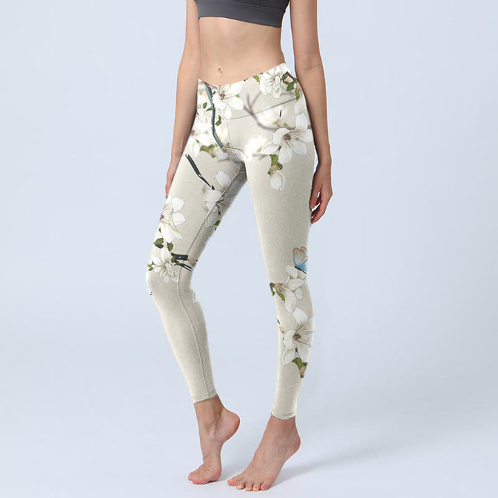 Buddha Stones White Magnolia Flower Print Sports Fitness Leggings Women's Yoga Pants