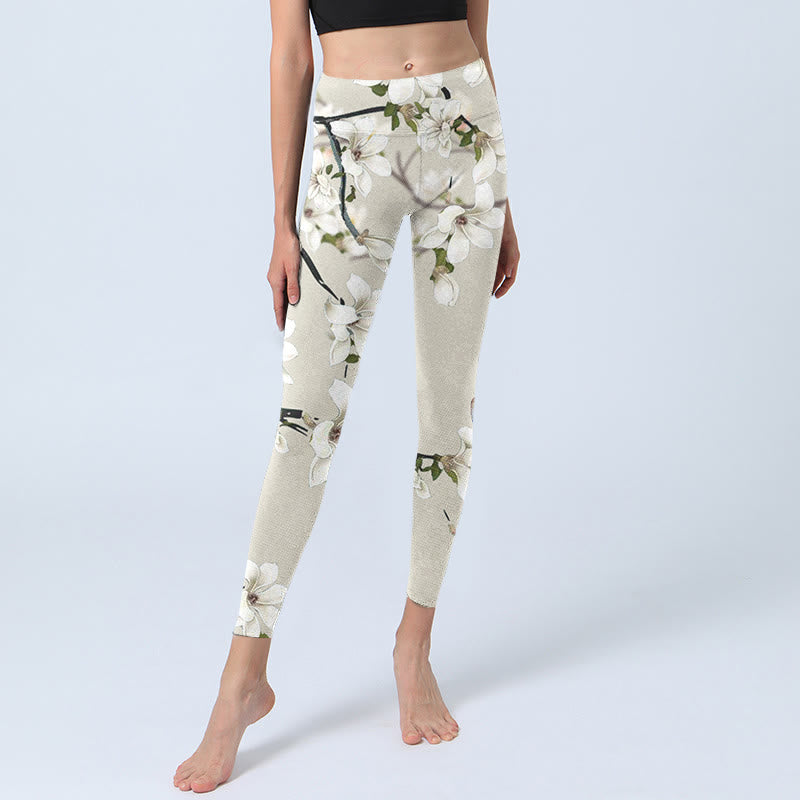 Buddha Stones White Magnolia Flower Print Sports Fitness Leggings Women's Yoga Pants