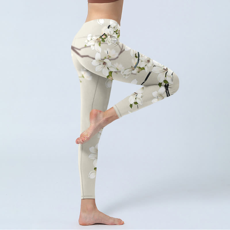 Buddha Stones White Magnolia Flower Print Sports Fitness Leggings Women's Yoga Pants