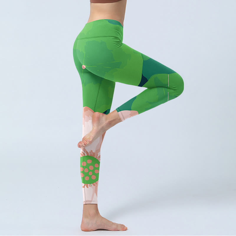 Buddha Stones Green Lotus Flower Leaf Print Sports Fitness Leggings Women's Yoga Pants