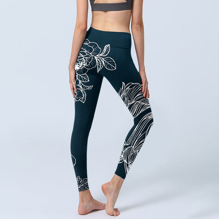 Buddha Stones Peony Epiphyllum Flowers Print Gym Fitness Leggings Women's Yoga Pants