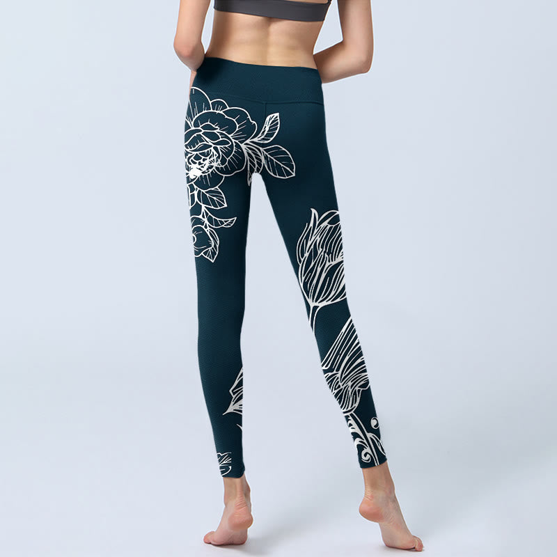 Buddha Stones Peony Epiphyllum Flowers Print Gym Fitness Leggings Women's Yoga Pants