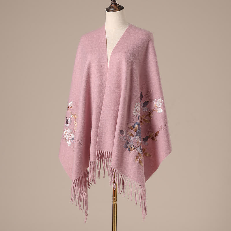 Buddha Stones Wool Shawl White Pink Flowers Golden Leaves Embroidery Tassel Winter Cozy Travel Scarf Wrap