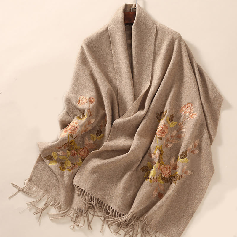 Buddha Stones Wool Shawl White Pink Flowers Golden Leaves Embroidery Tassel Winter Cozy Travel Scarf Wrap