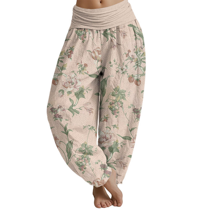 Buddha Stones Casual Pink Flowers Pattern Women's Elastic Waist Harem Pants