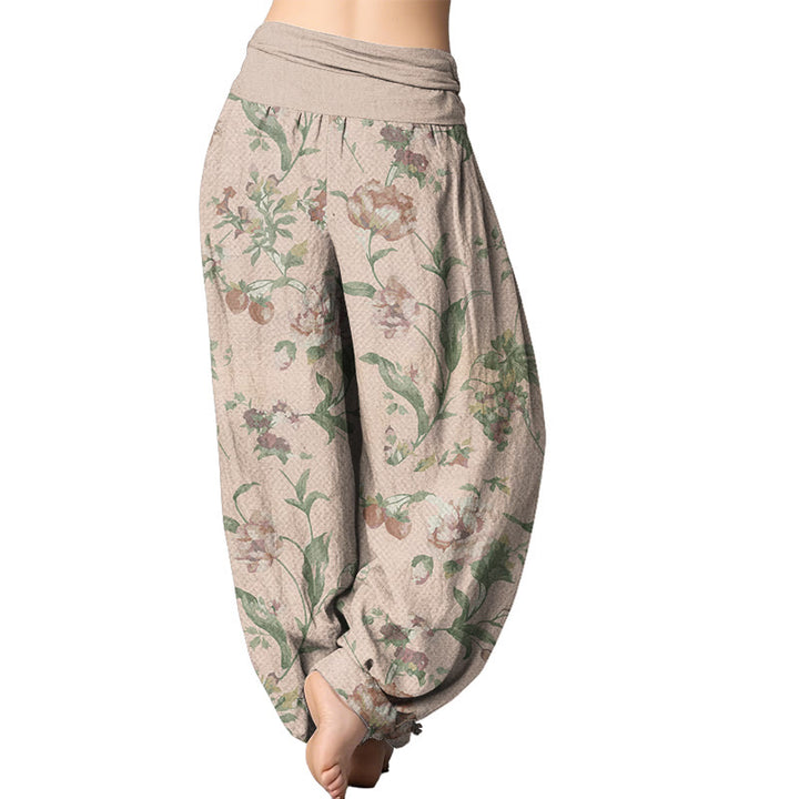 Buddha Stones Casual Pink Flowers Pattern Women's Elastic Waist Harem Pants