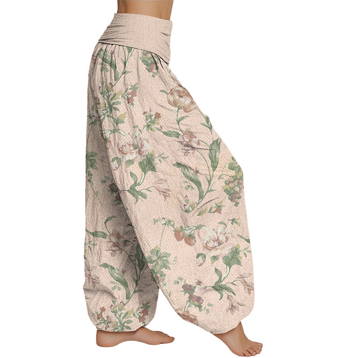 Buddha Stones Casual Pink Flowers Pattern Women's Elastic Waist Harem Pants