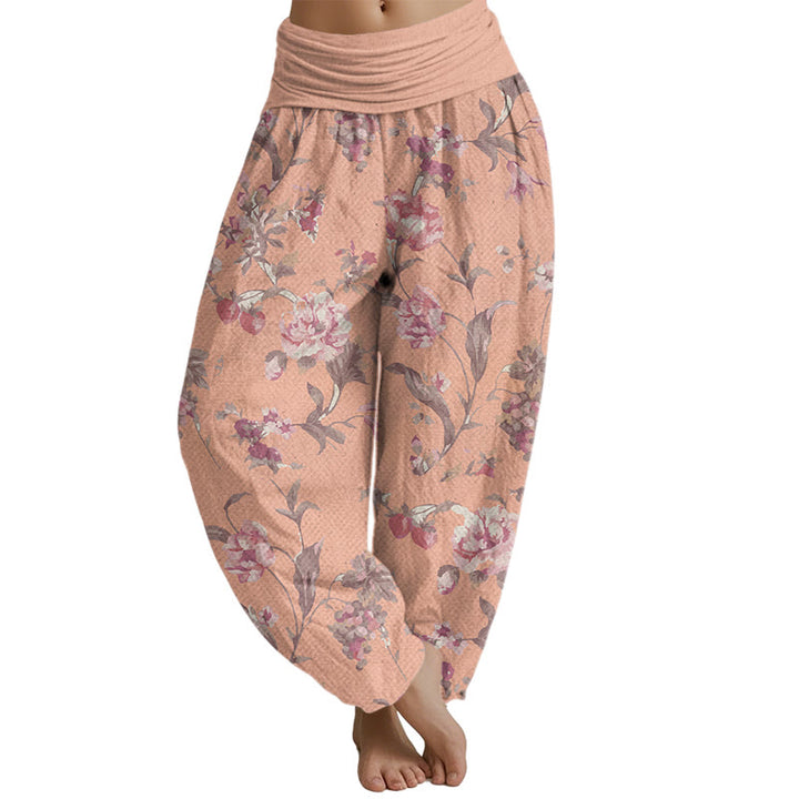 Buddha Stones Casual Pink Flowers Pattern Women's Elastic Waist Harem Pants