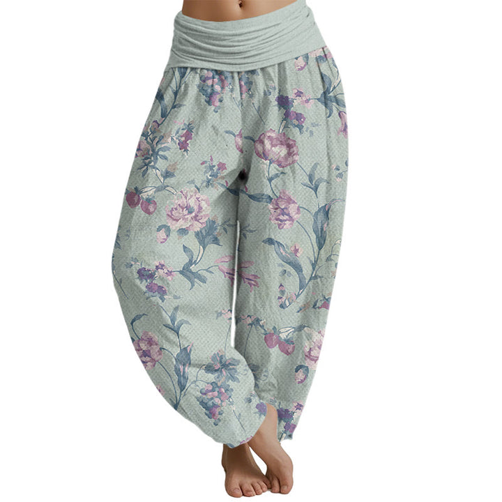 Buddha Stones Casual Pink Flowers Pattern Women's Elastic Waist Harem Pants