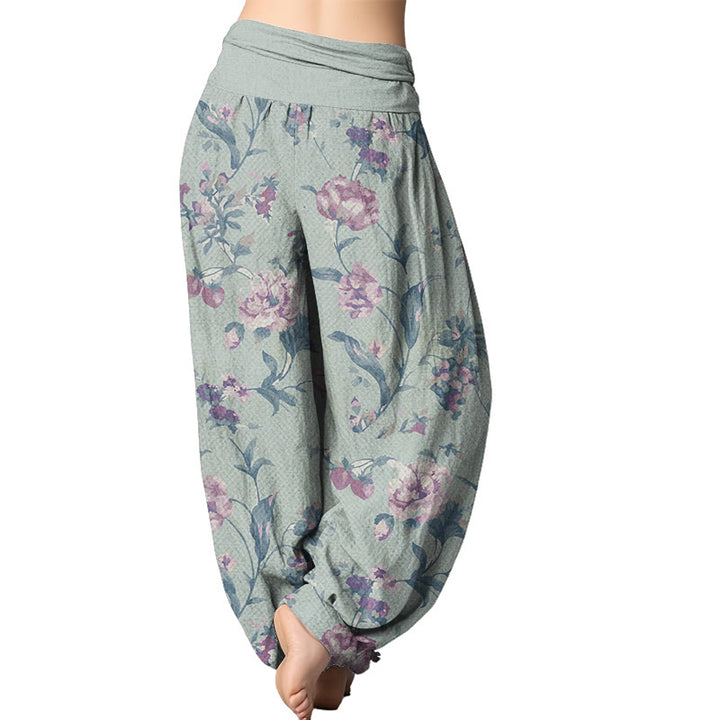 Buddha Stones Casual Pink Flowers Pattern Women's Elastic Waist Harem Pants