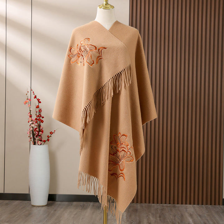 Buddha Stones Wool Shawl Lily Embroidery Tassel Winter Cozy Travel Scarf Wrap