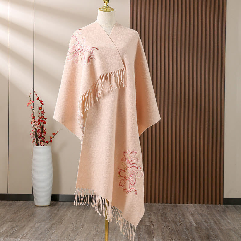 Buddha Stones Wool Shawl Lily Embroidery Tassel Winter Cozy Travel Scarf Wrap