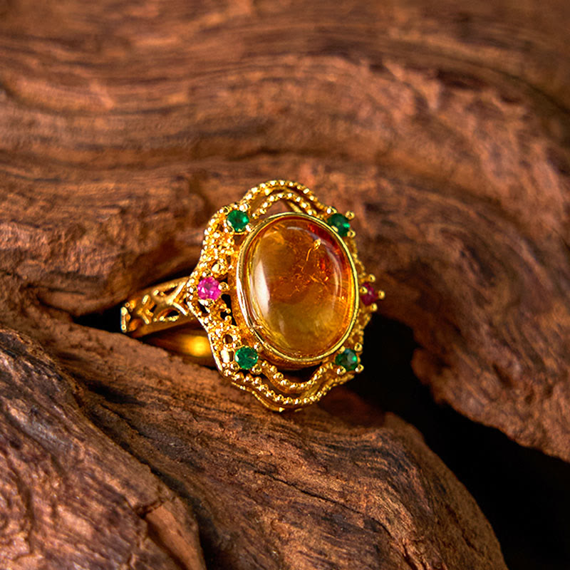 Buddha Stones Flower Amber Hollow Lace Confidence Adjustable Ring