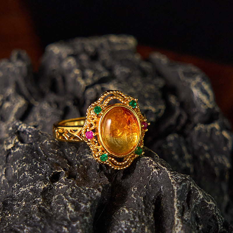 Buddha Stones Flower Amber Hollow Lace Confidence Adjustable Ring