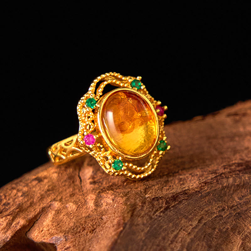 Buddha Stones Flower Amber Hollow Lace Confidence Adjustable Ring