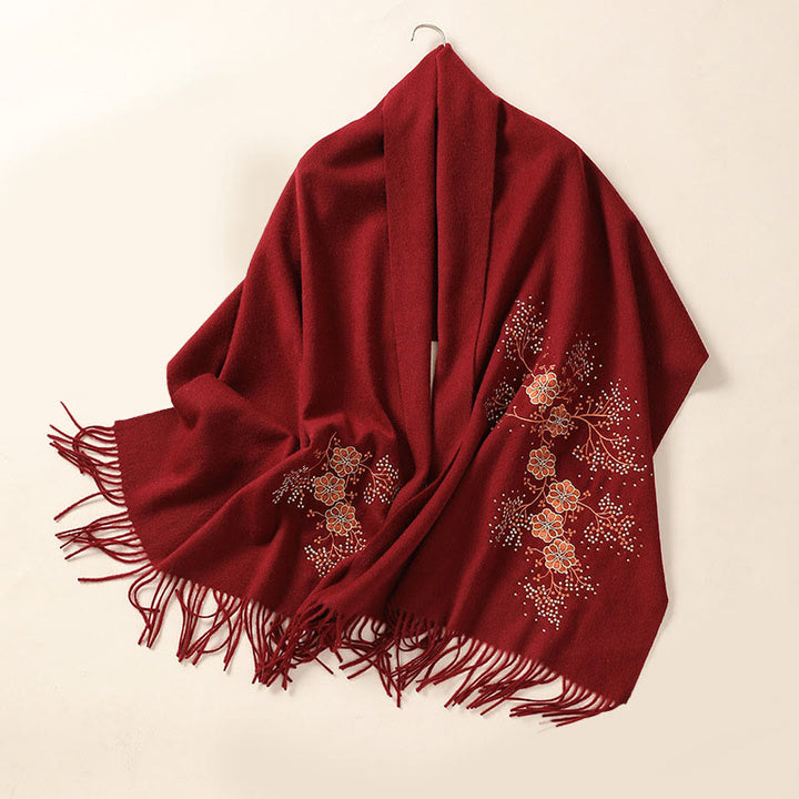 Buddha Stones Wool Shawl Dahlia Embroidery Tassel Winter Cozy Travel Scarf Wrap