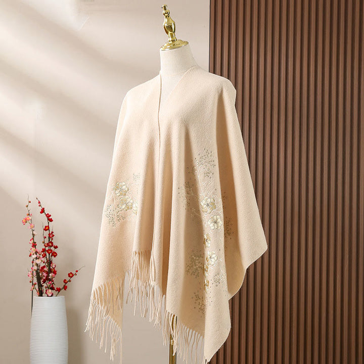 Buddha Stones Wool Shawl Dahlia Embroidery Tassel Winter Cozy Travel Scarf Wrap