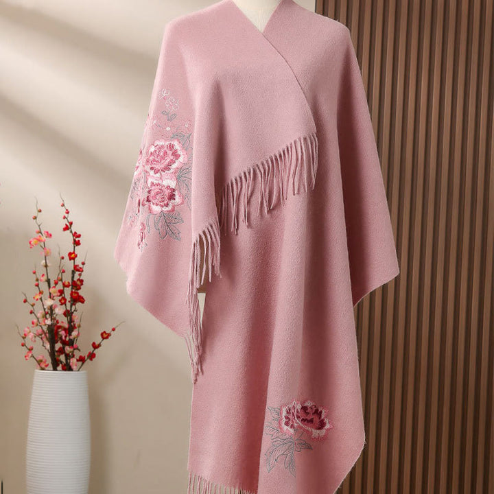 Buddha Stones Wool Shawl Red Peony Embroidery Tassel Winter Cozy Travel Scarf Wrap - LightPink - 200*60cm - image 4