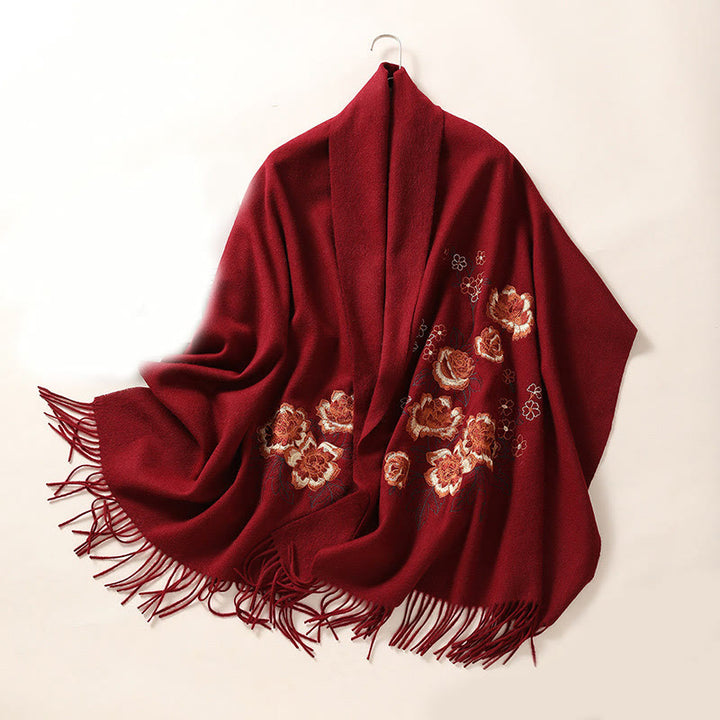 Buddha Stones Wool Shawl Red Peony Embroidery Tassel Winter Cozy Travel Scarf Wrap - FireBrick - 200*60cm - image 12