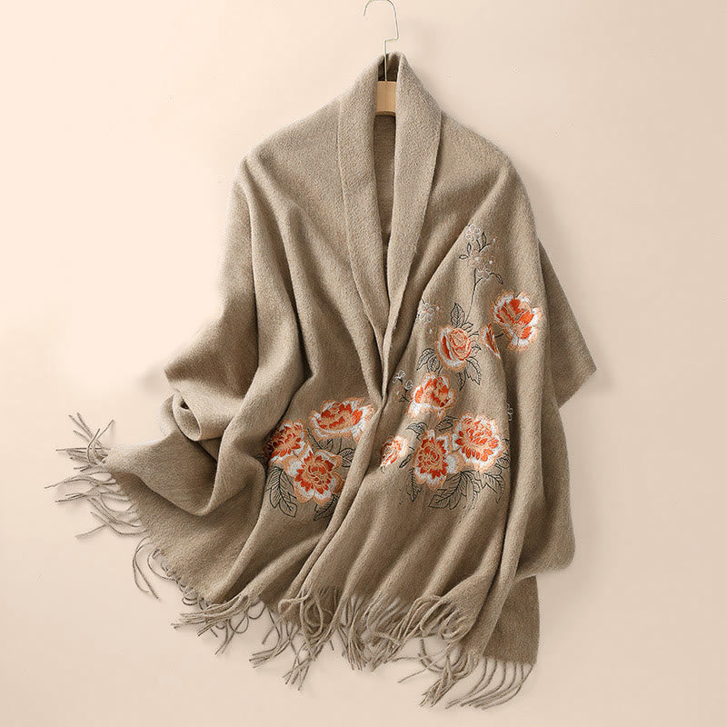 Buddha Stones Wool Shawl Red Peony Embroidery Tassel Winter Cozy Travel Scarf Wrap - image 3