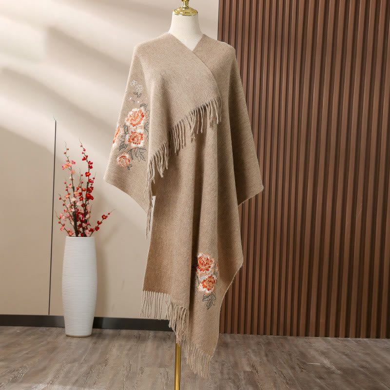 Buddha Stones Wool Shawl Red Peony Embroidery Tassel Winter Cozy Travel Scarf Wrap - Tan - 200*60cm - image 0