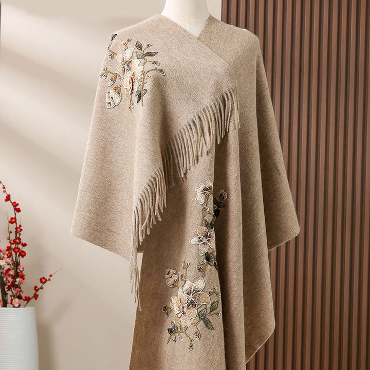 Buddha Stones Wool Shawl White Orange Flower Embroidery Tassel Winter Cozy Travel Scarf Wrap - Tan - 200*60cm - image 2