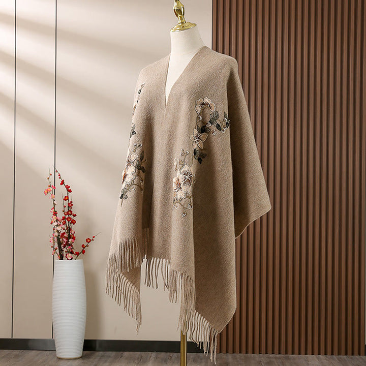 Buddha Stones Wool Shawl White Orange Flower Embroidery Tassel Winter Cozy Travel Scarf Wrap