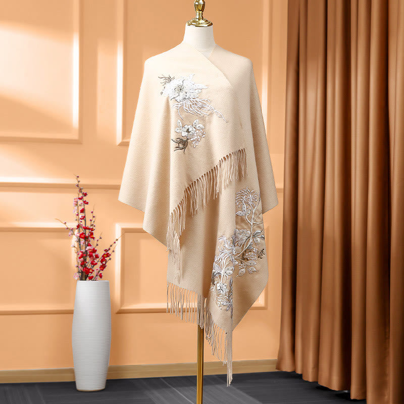Buddha Stones Wool Shawl White Orange Flower Embroidery Tassel Winter Cozy Travel Scarf Wrap - PeachPuff - 200*60cm - image 0