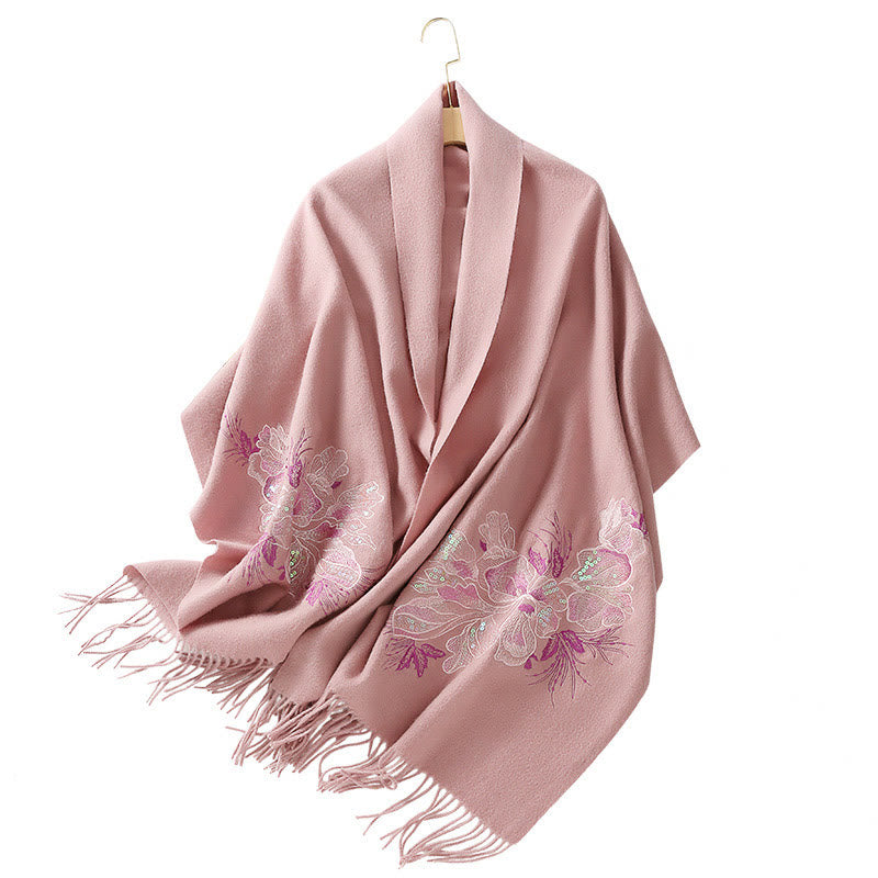 Buddha Stones Wool Shawl Flower Sequin Embroidery Tassel Winter Cozy Travel Scarf Wrap