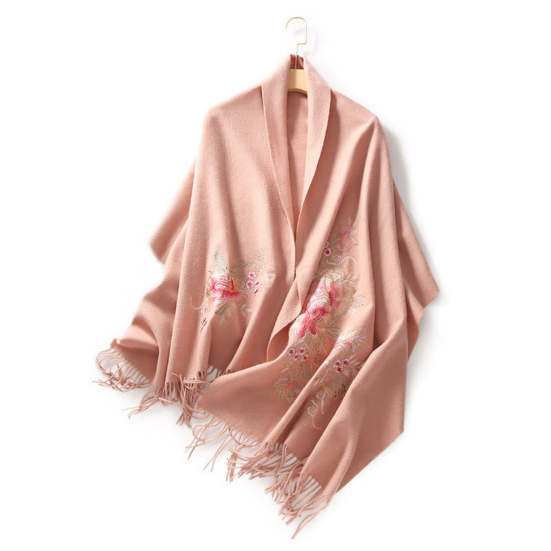 Buddha Stones Wool Shawl Red Pink Flower Embroidery Tassel Winter Cozy Travel Scarf Wrap