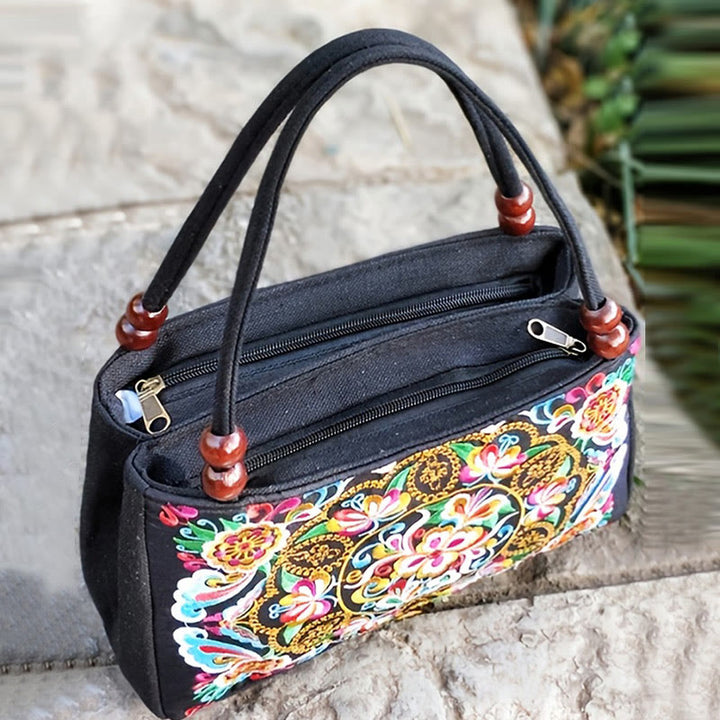 Buddha Stones Galsang Inula Flower Peony Peacock Double-Sided Embroidery Canvas Shopping Purse Handbag