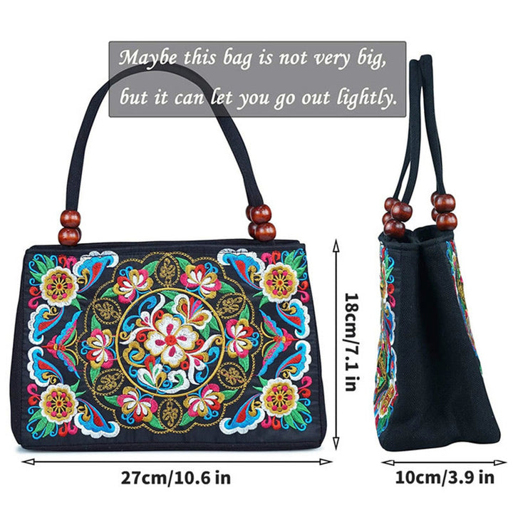 Buddha Stones Galsang Inula Flower Peony Peacock Double-Sided Embroidery Canvas Shopping Purse Handbag