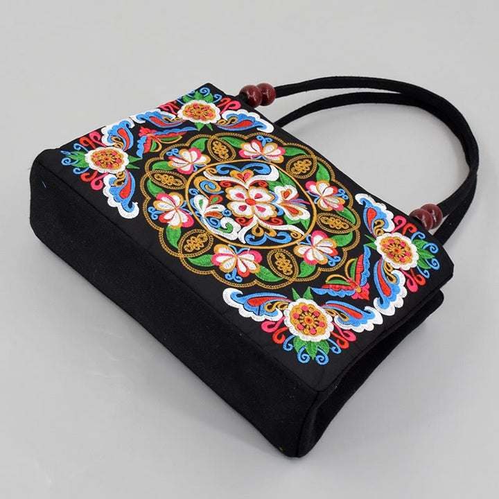 Buddha Stones Galsang Inula Flower Peony Peacock Double-Sided Embroidery Canvas Shopping Purse Handbag