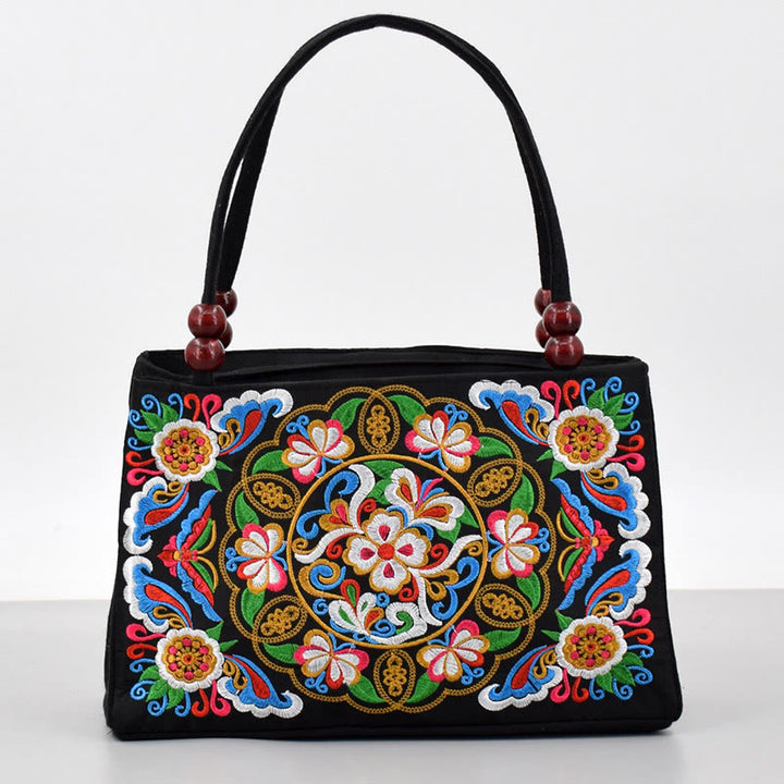 Buddha Stones Galsang Inula Flower Peony Peacock Double-Sided Embroidery Canvas Shopping Purse Handbag