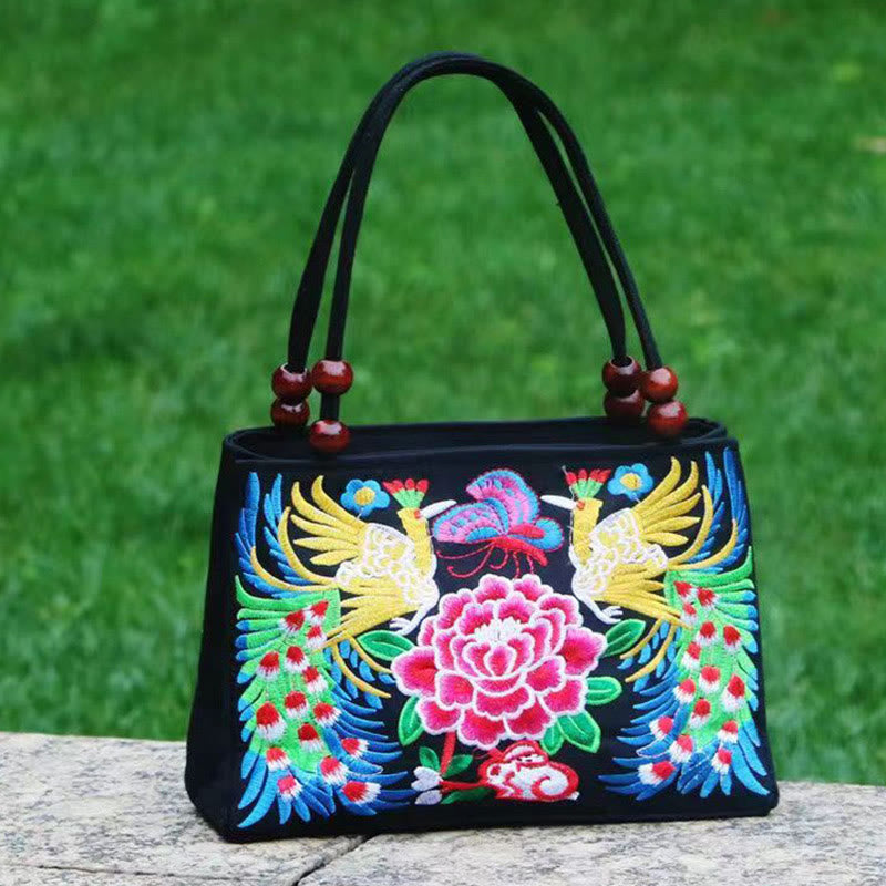 Buddha Stones Galsang Inula Flower Peony Peacock Double-Sided Embroidery Canvas Shopping Purse Handbag