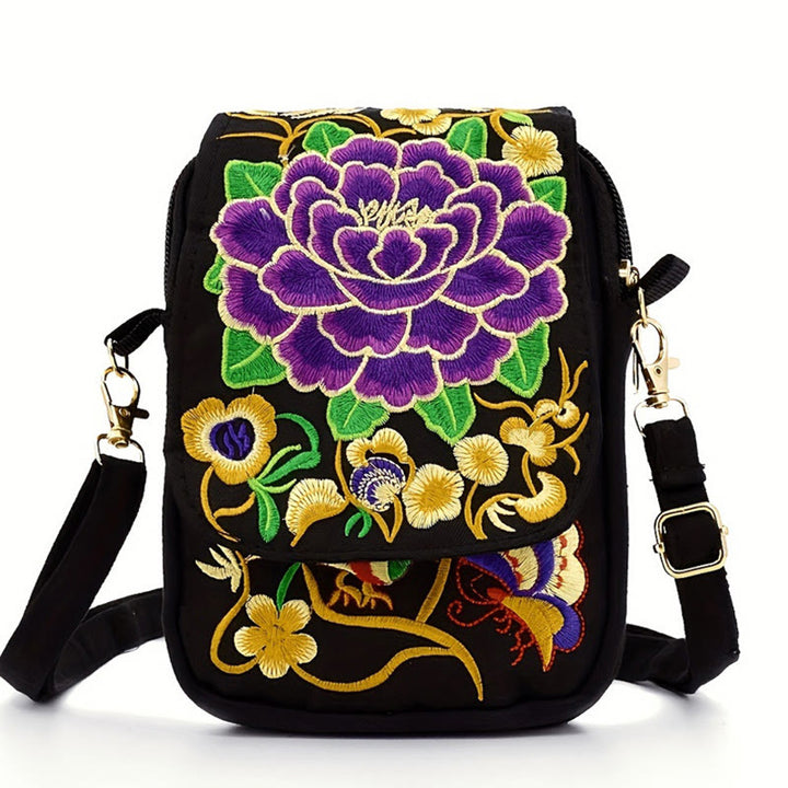 Buddha Stones Inula Flower Peony Embroidery Canvas Shopping Purse Handbag Crossbody Bag