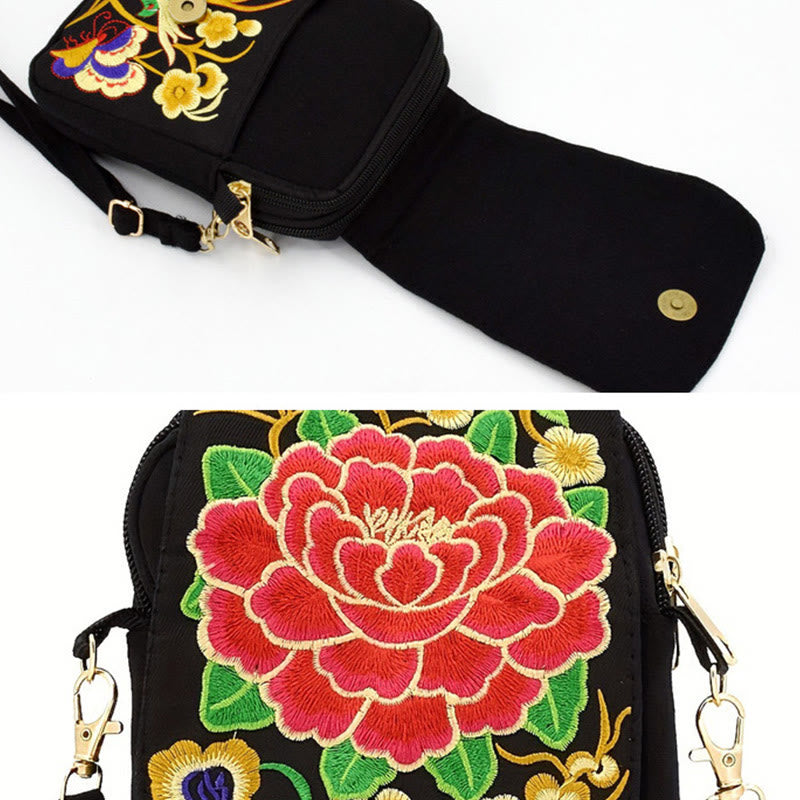 Buddha Stones Inula Flower Peony Embroidery Canvas Shopping Purse Handbag Crossbody Bag