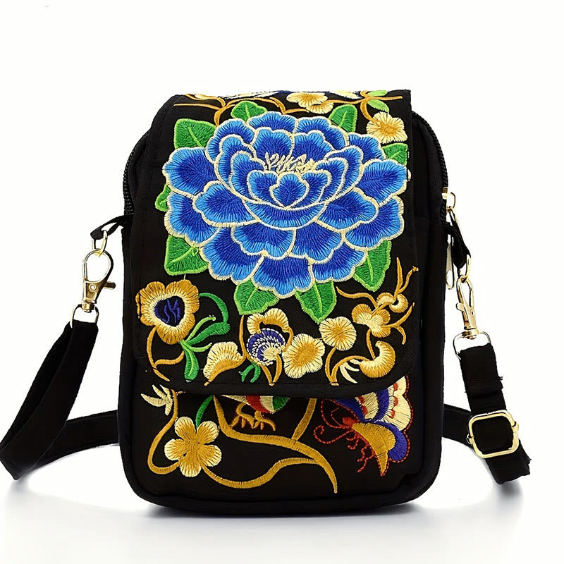 Buddha Stones Inula Flower Peony Embroidery Canvas Shopping Purse Handbag Crossbody Bag