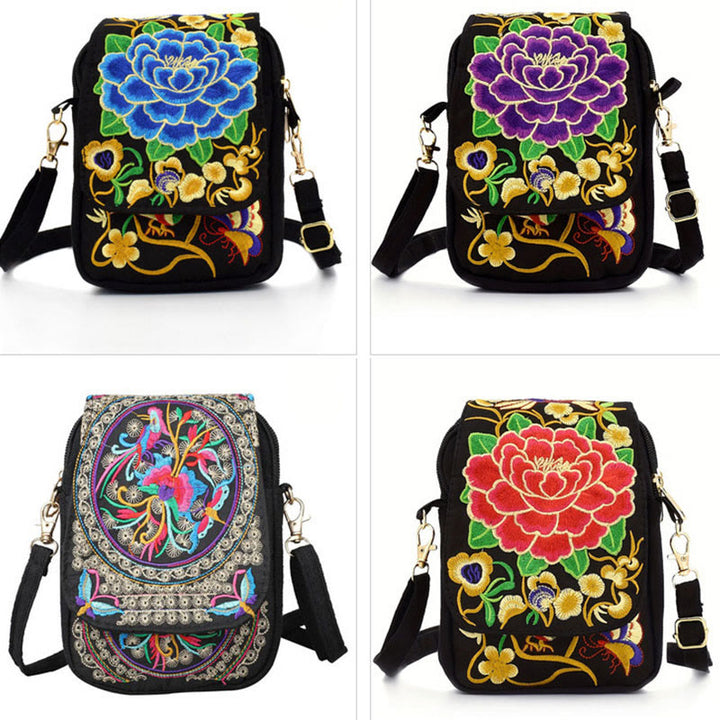 Buddha Stones Inula Flower Peony Embroidery Canvas Shopping Purse Handbag Crossbody Bag