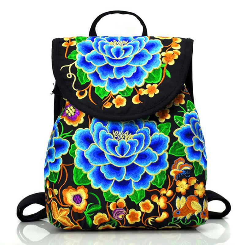 Buddha Stones Peony Chinese Money Tree Embroidery Canvas Backpack