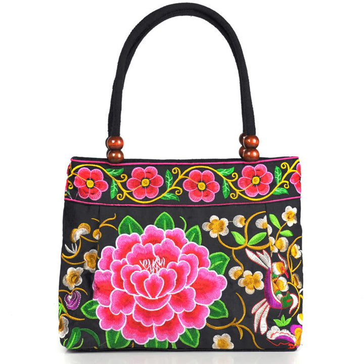 Buddha Stones Money Tree Peony Phoenix Apple Blossom Double-Sided Embroidery Cotton Canvas Shopping Purse Handbag